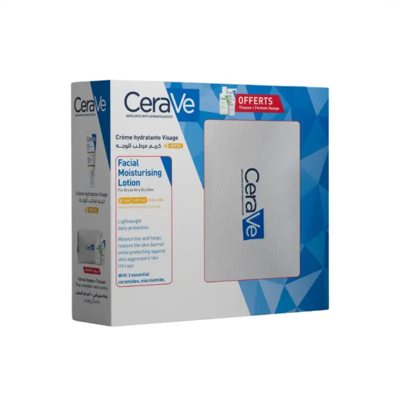 CERAVE PACK CREME HYDRATANTE VISAGE PEAUX NORMALES A SECHES SPF50 52ML + TROUSSE OFFERTE + FORMATS VOYAGE