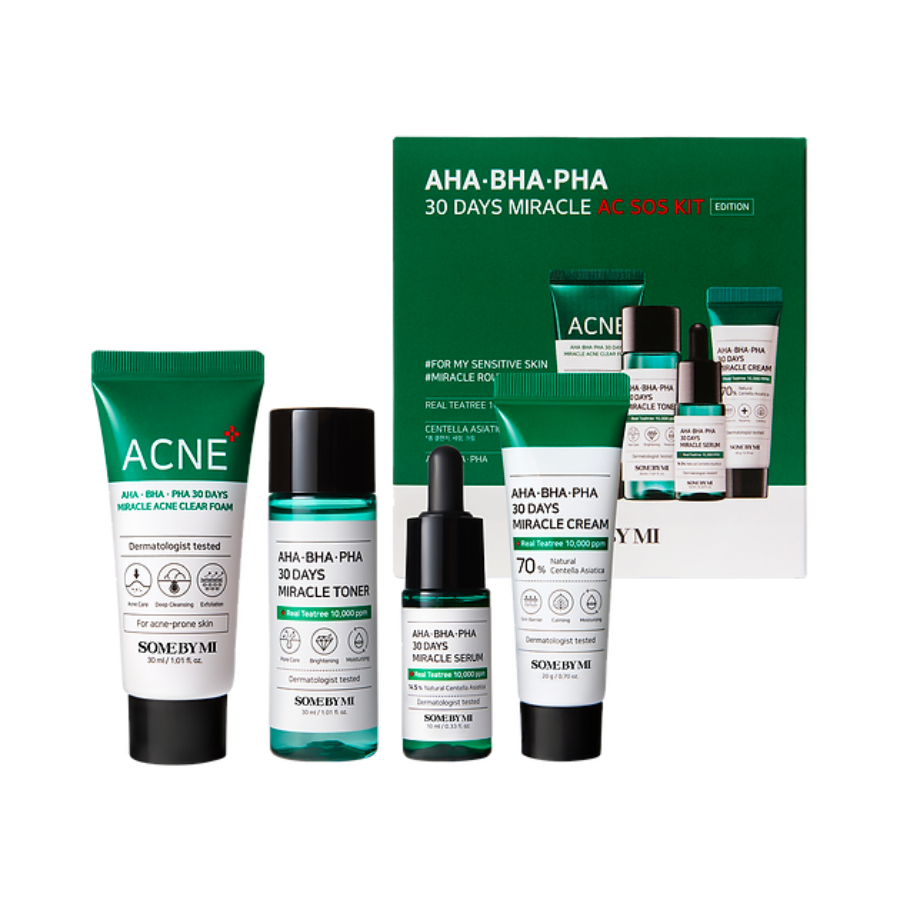 SOME BY MI PACK AHA BHA PHA 30 DAYS MIRACLE AC SOS KIT MIRACLE ACNE GEL NETTOYANT 30ML + MIRACLE TONIQUE 30ML + MIRACLE SERUM 10ML + MIRACLE CREME 20G